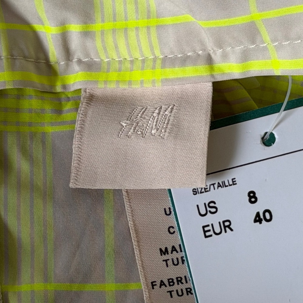 H&M Neon Yellow Plaid Tiered Ruffle Mini Skirt Flared Check Pockets Size 8 - Picture 7 of 11